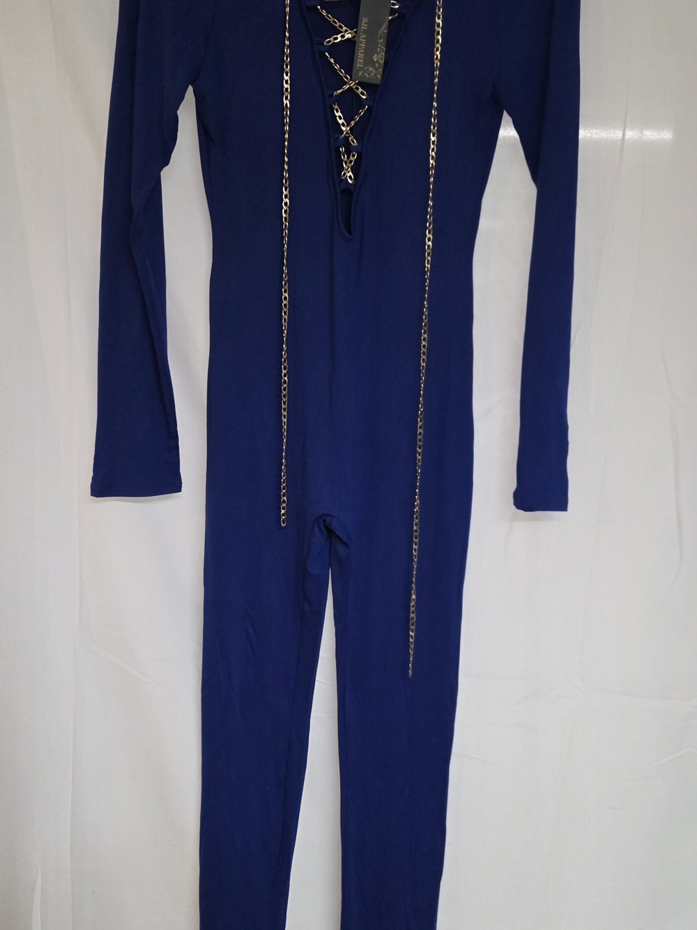 SJL Apparel Royal Blue Long Sleeve Lace Up Chain Front Jumpsuit - Size L NWT